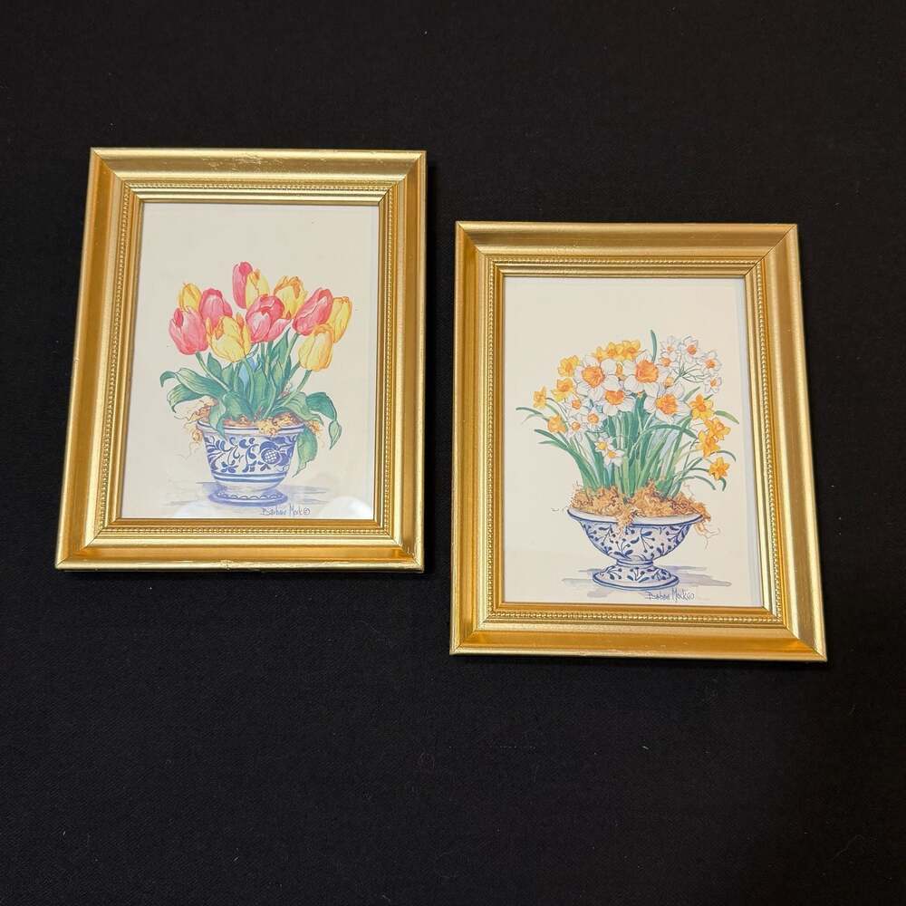 2 Barbara Mock Floral Prints in Gold Frames Tulips & Narcissus Blue on White